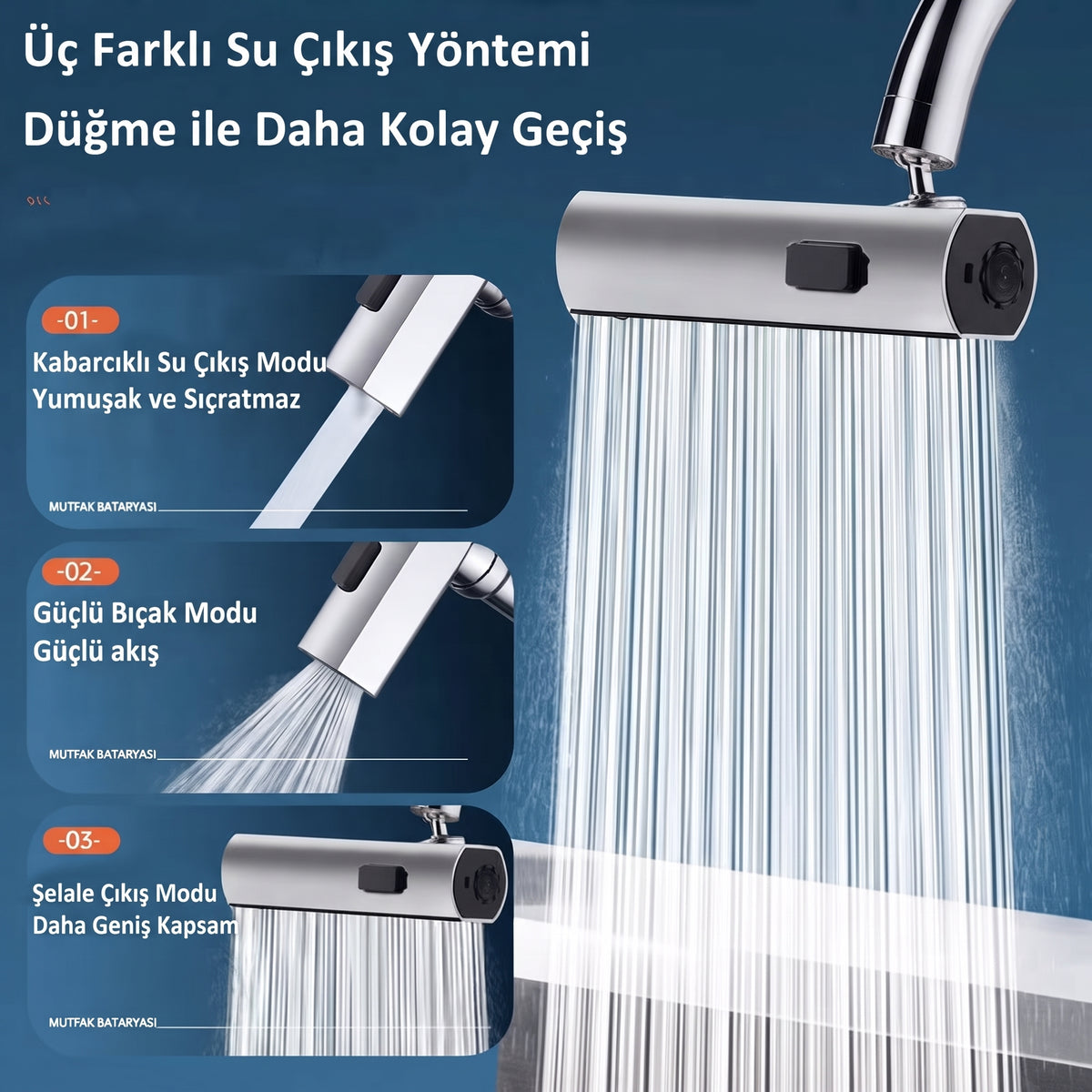 3 Farklı Akış Modlu Çok Fonksiyonlu Döner Mutfak ve Banyo Musluk Ucu